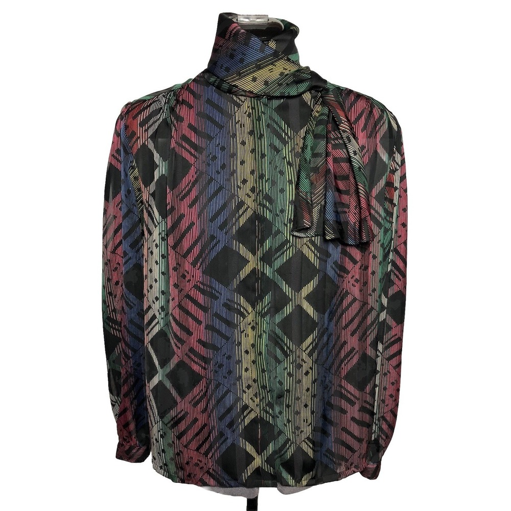 Vintage 1980s Shirt Nicola Sheer Geometric Secretary Blouse 42-B 24-L Korea 12